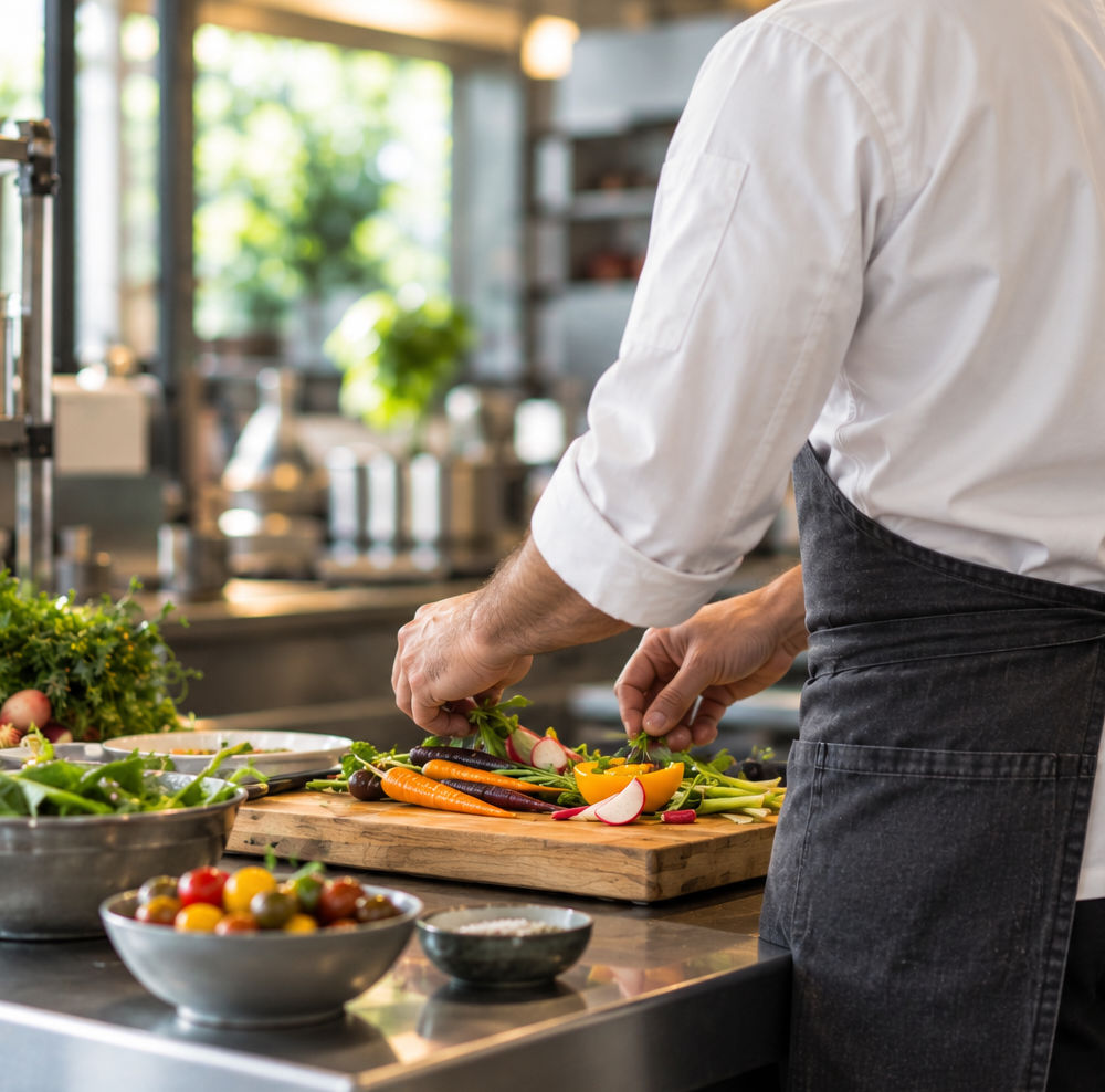 Chef viewed from behind preparing vegetables in a professional kitchen